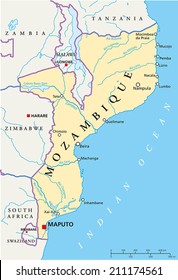 Mozambique Political Map with capital Maputo, with national borders, most important cities, rivers and lakes. Illustration with English labeling and scaling.