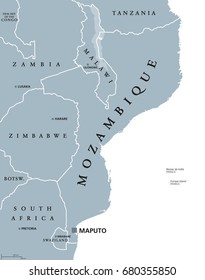 Mozambique political map with capital Maputo. Republic and country in Southeast Africa bordered by the Indian Ocean. Gray illustration isolated on white background. English labeling. Vector.