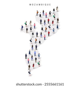 Mozambique population map. Large group of realistic a diverse crowd of people figures in a shape of Mozambican map. Flat vector illustration isolated on white.