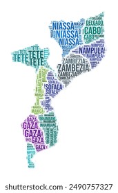 Mozambique region word cloud. Country shape design. Mozambique colored illustration. Region names collage cloud. Vector illustration.