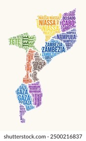 Mozambique regions word cloud. Country logo design. Regions typography style vector image. Mozambique colored text cloud. Modern vector illustration.