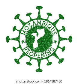 Mozambique Reopening Stamp. Green round badge of country with map of Mozambique. Country opening after lockdown. Vector illustration.