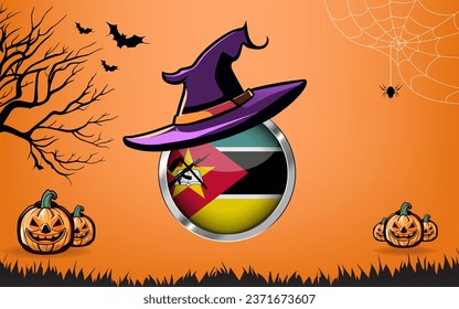 mozambique round flag with Happy Halloween banner or party invitation background. bats, spiders and pumpkins, orange background