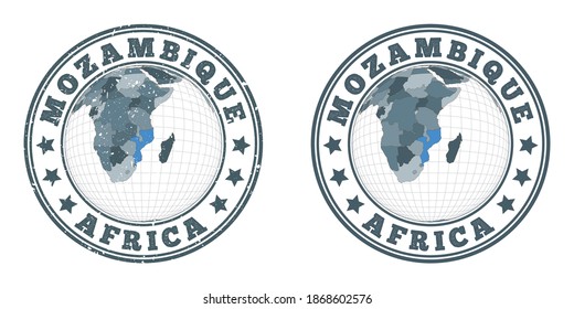 Mozambique round logos. Circular badges of country with map of Mozambique in world context. Plain and textured country stamps. Vector illustration.