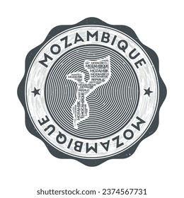 Mozambique seal. Country round logo with the shape of Mozambique and the country name in multiple languages as a word cloud. Astonishing emblem. Appealing vector illustration.