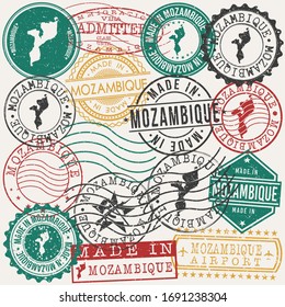 Mozambique Set of Stamps. Travel Passport Stamps. Made In Product. Design Seals in Old Style Insignia. Icon Clip Art Vector Collection.
