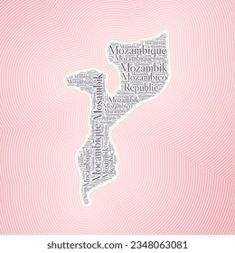 Mozambique shape formed by country name in multiple languages. Mozambique border on stylish striped gradient background. Vibrant poster. Appealing vector illustration.