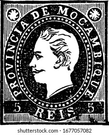 Mozambique Stamp (5 reis) from 1886, a small adhesive piece of paper was stuck to something to show an amount of money paid, mainly a postage stamp, vintage line drawing or engraving illustration.