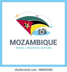 Mozambique Travel, Discover, Capture logo - Vector travel Photographer logo design - Country Flag Travel, Discover and Photgrapher Conceptual logotype - vector illustration