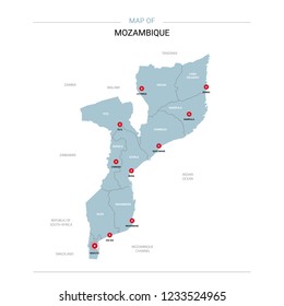 Mozambique vector map. Editable template with regions, cities, red pins and blue surface on white background. 