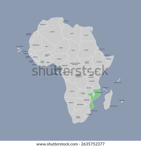Mozambique vector map silhouette isolated on Africa map. Editable vector map of Africa. 