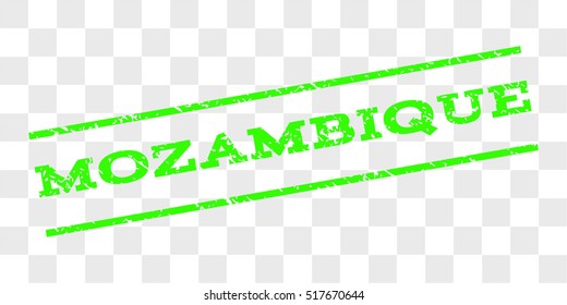 Mozambique watermark stamp. Text caption between parallel lines with grunge design style. Rubber seal stamp with dust texture. Vector light green color ink imprint on a chess transparent background.