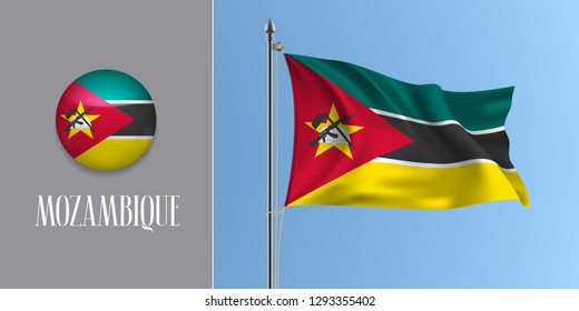 Mozambique waving flag on flagpole and round icon vector illustration. Realistic 3d mockup of red black Mozambican flag and circle button 