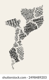 Mozambique Word Cloud. Country with regions division. Mozambique typographic text clouds vector image design. Vintage gazette style country shape image. Amazing vector illustration.