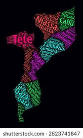 Mozambique Word Cloud. Region names of the country in Portuguese language. Bright neon style design on dark background. Mozambique shape with administrative division. Stylish vector illustration.