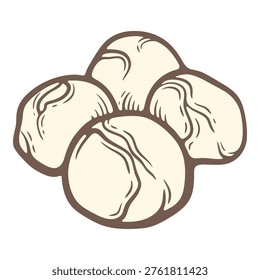 Mozarella, soft round balls, colourful, hand-drawn illustration, line art contour, isolated
