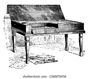 Mozart Spinet plucked by means of a quill or a plectrum of leather, vintage line drawing or engraving illustration.