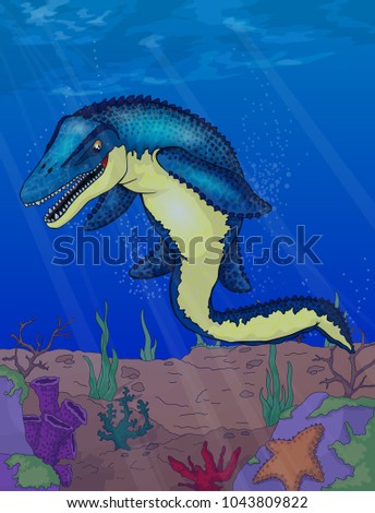 Mozazavr on the background of the ocean.