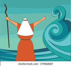 Mozes Splitting The Red Sea And Ordering Let My People Go Out Of Egypt. Vector Illustration