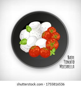 Mozzarella balls, cherry tomatoes, basil, oregano spice on black plate. Lettering Basil, Tomato, Mozzarella. Top view. Vector hand drawn illustration on white background.