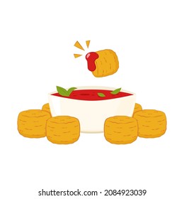 Mozzarella cheese ball vector. Cheese ball on white background. Cheese fried. Ketchup in white dip bowls. Tomato sauce.