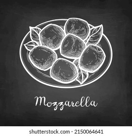 Mozzarella cheese with basil on plate. Chalk sketch on blackboard background. Hand drawn vector illustration. Vintage style stroke drawing.