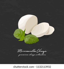 Mozzarella cheese with basil vector illustration on dark grunge background. Premium cheese type. Diary product poster design