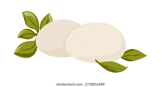 Queso mozzarella con albahaca. Ilustración vectorial aislada en blanco. 