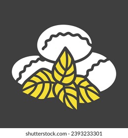 Mozzarella cheese with basil vector on dark background icon. Dairy product sign. Graph symbol for cooking web site and apps design, logo, app, UI