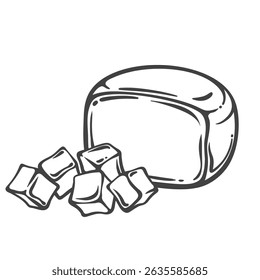 Mozzarella cheese block with soft rounded cubes, smooth surface and elastic texture. Hand drawn in vintage engraving style. Vector illustration for pizza, salad, or dairy packaging.