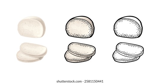 Mozzarella cheese half and slices. Vector color vintage engraving illustration isolated on white background.