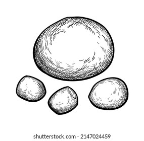 Mozzarella cheese. Ink sketch isolated on white background. Hand drawn vector illustration. Vintage style stroke drawing.