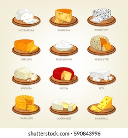 Mozzarella cheese and parmesan or parmesan-reggiano food, roquefort and cheddar, mascarpone and mimolette, gouda and feta, bryndza and colby jack, camembert and emmental. Nutrition set of icons