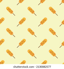 Mozzarella Cheese Sausage Corndog Seamless Pattern. Simple Korean Favorite Street Food Snack Vector. American Corn dog. Yummy and delicious Street food with mustard and ketchup sauce. 