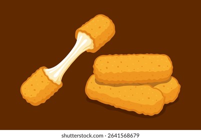 Mozzarella cheese sticks, realistic fast food snack, deep-fried breaded, cheese stretch, melted, crispy, cartoon style. Vector illustration.