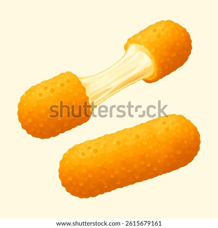 Mozzarella cheese sticks, realistic fast food snack, deep-fried breaded, cheese stretch, melted, crispy. Vector illustration.