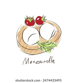 Mozzarella cheese with tomato and dill on a wooden board, line art style whimsical illustration