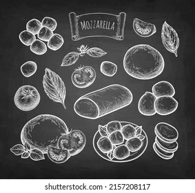 Mozzarella cheese with tomatoes and basil. Big set. Chalk sketch on blackboard background. Hand drawn vector illustration. Vintage style stroke drawing.