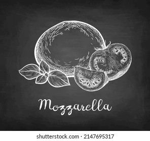 Mozzarella cheese with tomatoes and basil. Chalk sketch on blackboard background. Hand drawn vector illustration. Vintage style stroke drawing.