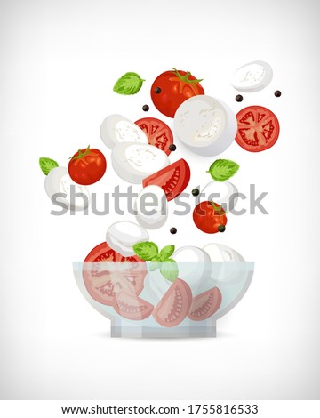 Mozzarella cheese with tomatoes, basil leaves, black pepper fall down into transparent salad bowl. Flat vector illustration of sliced, whole cheese, tomato, basil. Caprese salad ingredients on white.