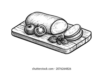 Mozzarella cheese with tomatoes and basil on cutting board. Ink sketch isolated on white background. Hand drawn vector illustration. Vintage style stroke drawing.