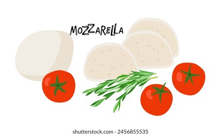 Mozzarella cheese with tomatoes and rosemary isolated on white background.. Ingredients for cooking, sauces, recipes. Traditional Italian baby mozzarella cheese for menu cafe, restaurant, poster