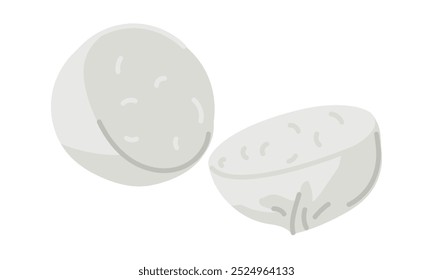Mozzarella. Un trozo de queso redondo cortado por la mitad sobre un fondo blanco. Queso tradicional italiano de mozzarella. Diseño plano para cafetería, restaurante, cartel. Dibujado a mano. Círculo del producto lácteo