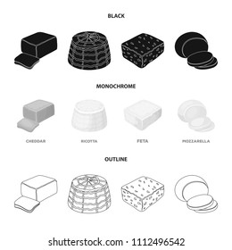 Mozzarella, feta, cheddar, ricotta.Different types of cheese set collection icons in black,monochrome,outline style vector symbol stock illustration web.