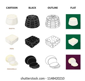 Mozzarella, feta, cheddar, ricotta.Different types of cheese set collection icons in cartoon,black,outline,flat style vector symbol stock illustration web.