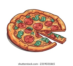 Mozzarella and pepperoni pizza slice illustration icon isolated