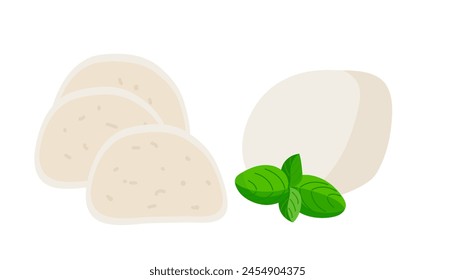 Mozzarella. Piece of cheese with green basil isolated on white background. Traditional Italian baby mozzarella cheese. Flat design style for menu cafe, restaurant, poster. Hand drawn mozzarella