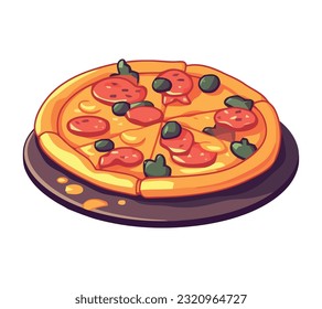 Mozzarella, salami and pepperoni pizza meal icon isolated