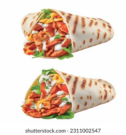 Mozzarella Shawarma with olives and basil in pita bread realistic 3d vector graphic isolated white background for menu