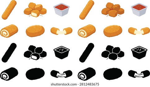 Mozzarella snack collection vector, fried cheese appetizer set, crispy fast food illustration for restaurant menu designs